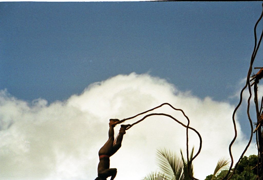 "Land diving (known in the local Sa language as Gol and in Bislama as Nanggol) is a ritual performed by the men of the southern part of Pentecost Island, Vanuatu. ... For boys, land diving is a rite of passage." (Wikipedia). "Feet in the Air, Pentecost Island Vanuatu 1992," by Flickr user Paul Stein