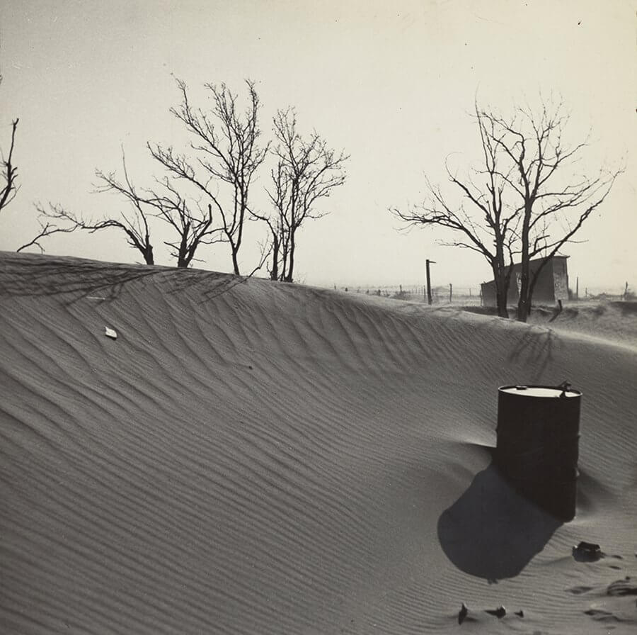 [Drifts formed from dust storms]; Unknown, possibly Arthur Rothstein (American, 1915 - 1985); United States; 1937; Gelatin silver print; 19.4 x 19.6 cm (7 5/8 x 7 11/16 in.); 2001.51.14. Source: The Getty Museum