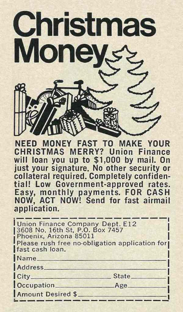 "Illustrated 1970 Ad, Christmas Money, Union Finance Co." Published in Ebony, December 1970 - Vol 26, No. 2