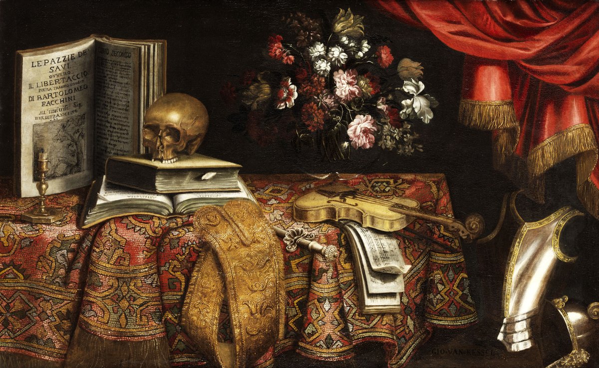 "Vanitas – Still-life with Violin, Notebook, Vase, and Skull," (1681), Pierfrancesco Cittadini (Public Domain)