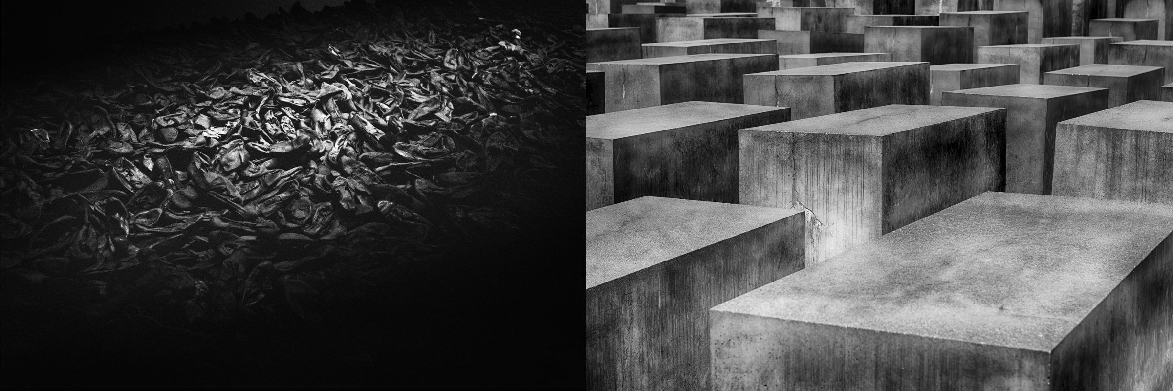 (Left: Title: Shoes taken off of the Jews-Holocaust Museum | Author: rpavich | Source: rpavich | License: CC BY 2.0) (Right: Berlin Holocaust Memorial)