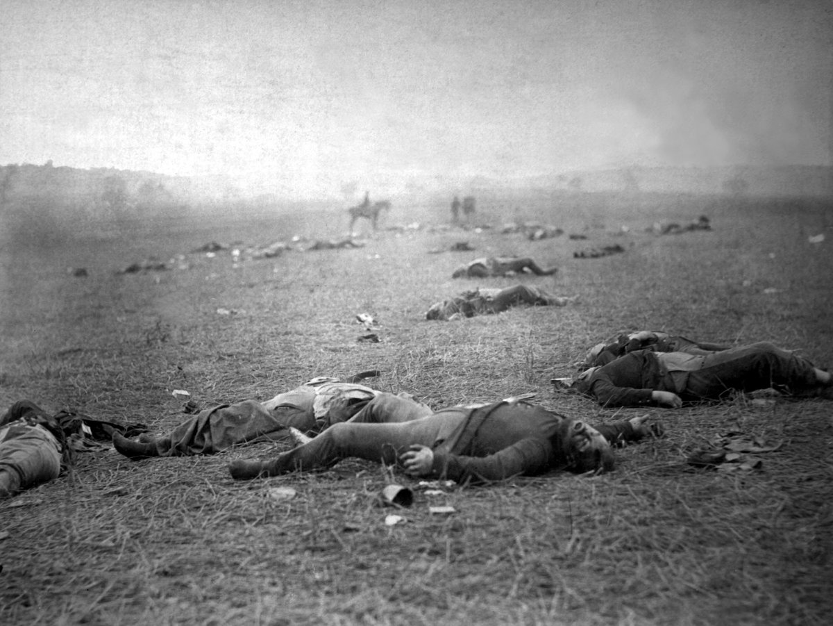 A harvest of death, Gettysburg, PA. Dead Federal soldiers on battlefield. | Author: Timothy H. O'Sullivan