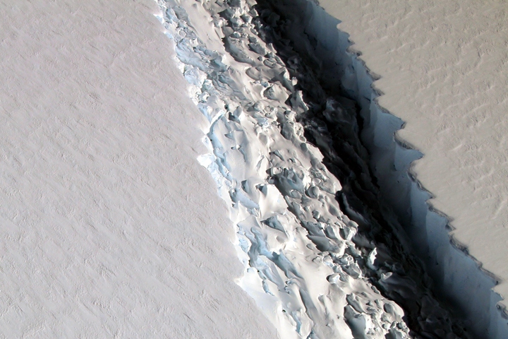 An iceberg the size of Delaware broke off from the Larcen C Ice Shelf in 2017. Floating ice shelves around Antarctica are losing mass at an accelerating rate. Source: NASA