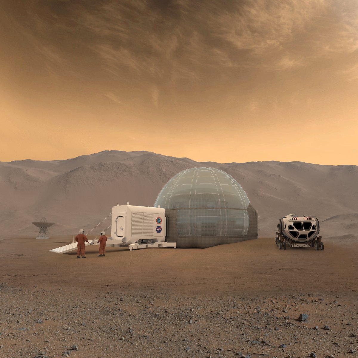 An artist's conception of a Mars habitat, with an Ice-house, air-lock, and pressurized rover designs on Mars | Author: NASA/Clouds AO/SEArch | License: CC0