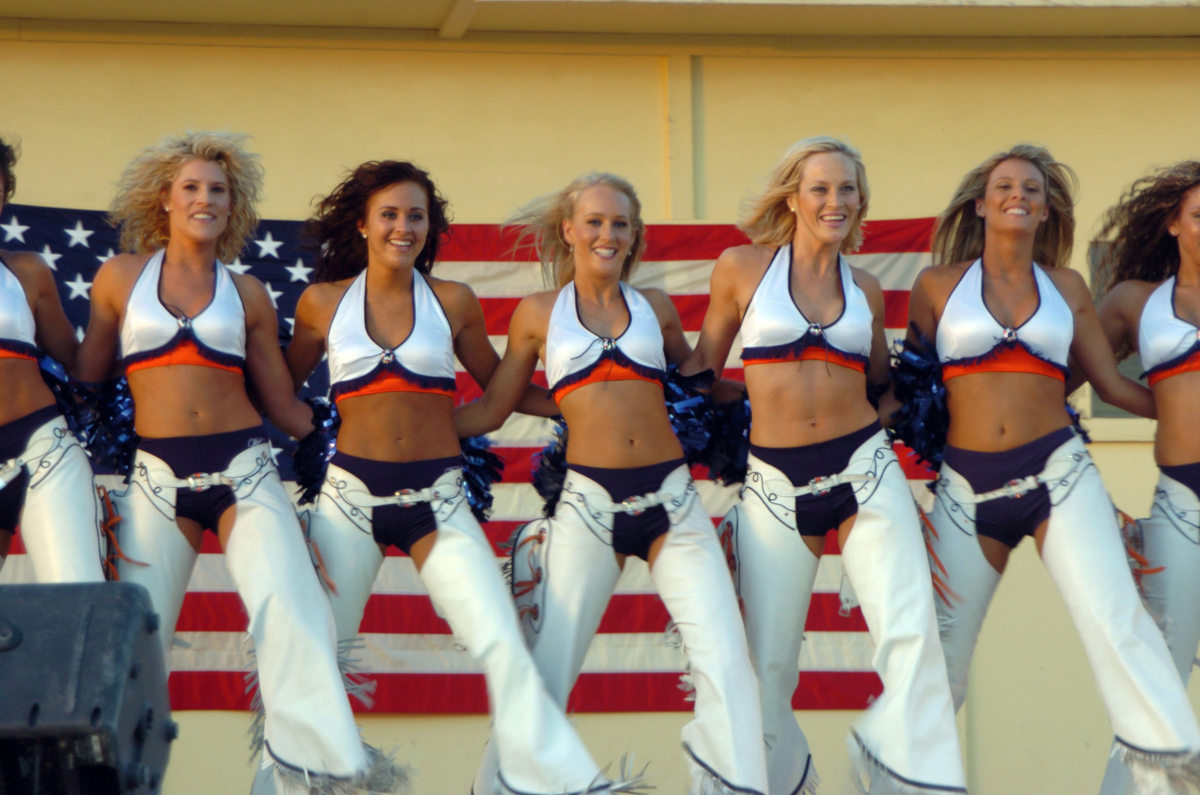 The National Football League's Denver Broncos Cheerleaders are shown performing for Coalition service members at the Kandahar Air Field in Afghanistan on July 3, 2005. (U.S. Army photo by Spc. Jerry T. Combes) (Released)