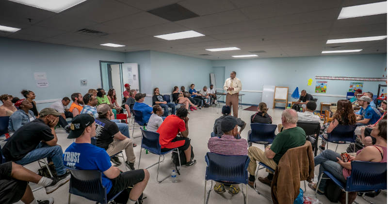 Peer Supervisor George Chisum, who's been clean from addiction for 26 years, leads a group session in the intensive outpatient program (IOP) at the Connections Withdrawal Management Center in Harrington, Delaware.