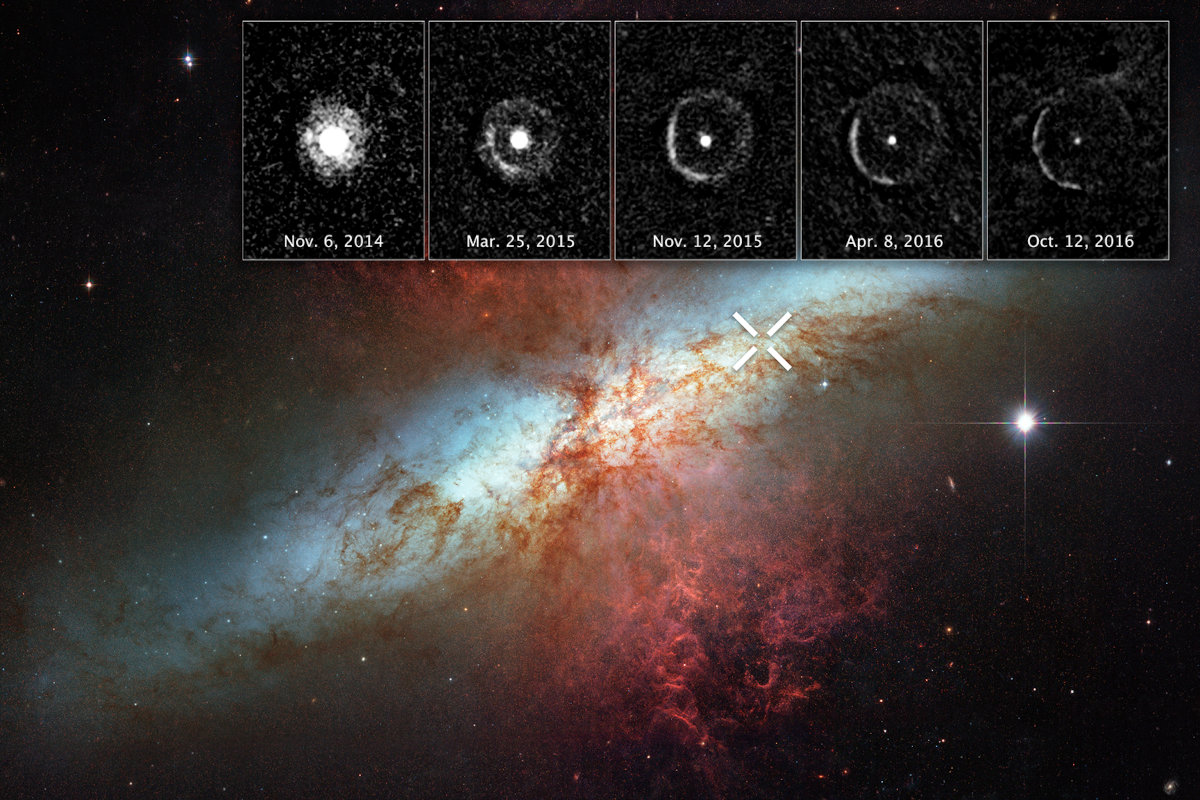 “Light from a supernova explosion in the nearby starburst galaxy M82 is reverberating off a huge dust cloud in interstellar space. ...The inset images at top reveal an expanding shell of light from the stellar explosion sweeping through interstellar space, called a “light echo.” The images were taken 10 months to nearly two years after the violent event... The light is bouncing off a giant dust cloud that extends 300 to 1,600 light-years from the supernova and is being reflected toward Earth.” | Title: Hubble Shows Light Echo Expanding from Exploded Star | Credit: ASA, ESA, and Y. Yang | Source: Flickr | License: CC BY-NC-ND 2.0